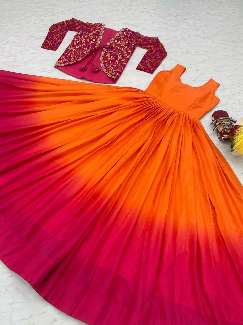 Pure Chinnon Tudey Gown with Bandhej Jacket and Embroidery Work