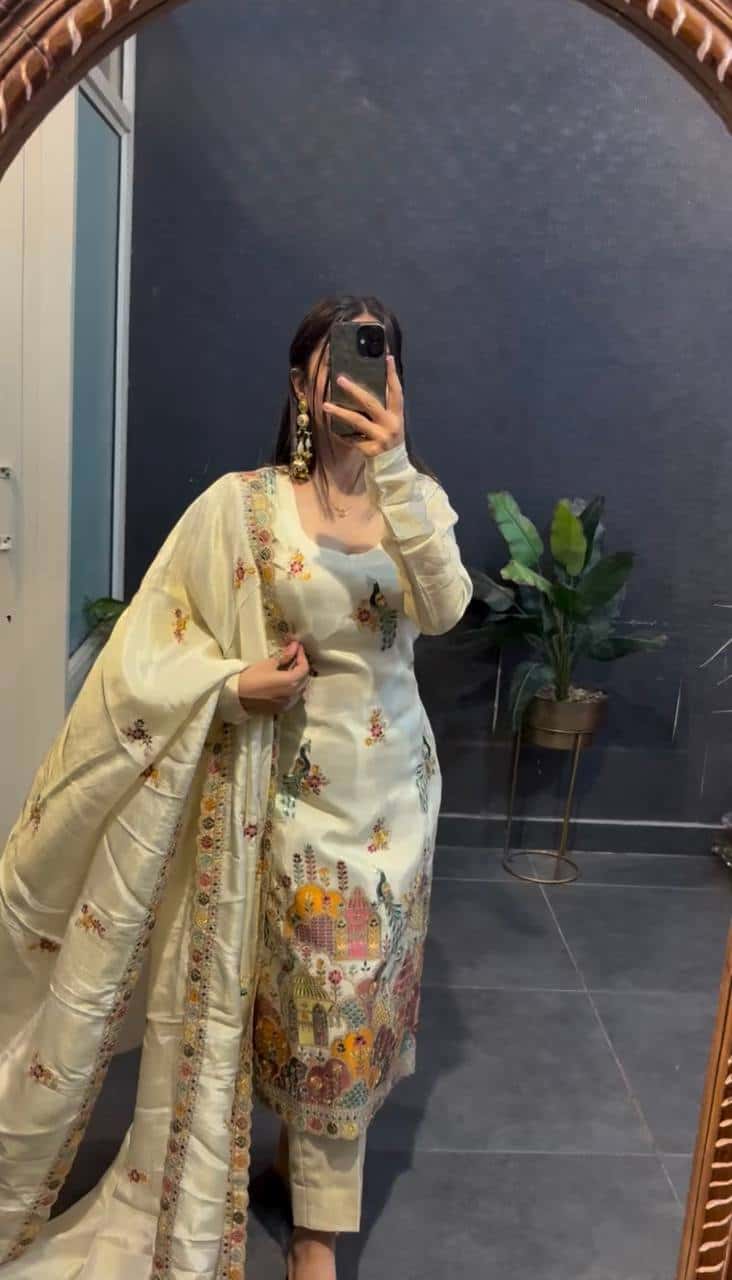 Chinnon silk hand embroidered kurta pant sets