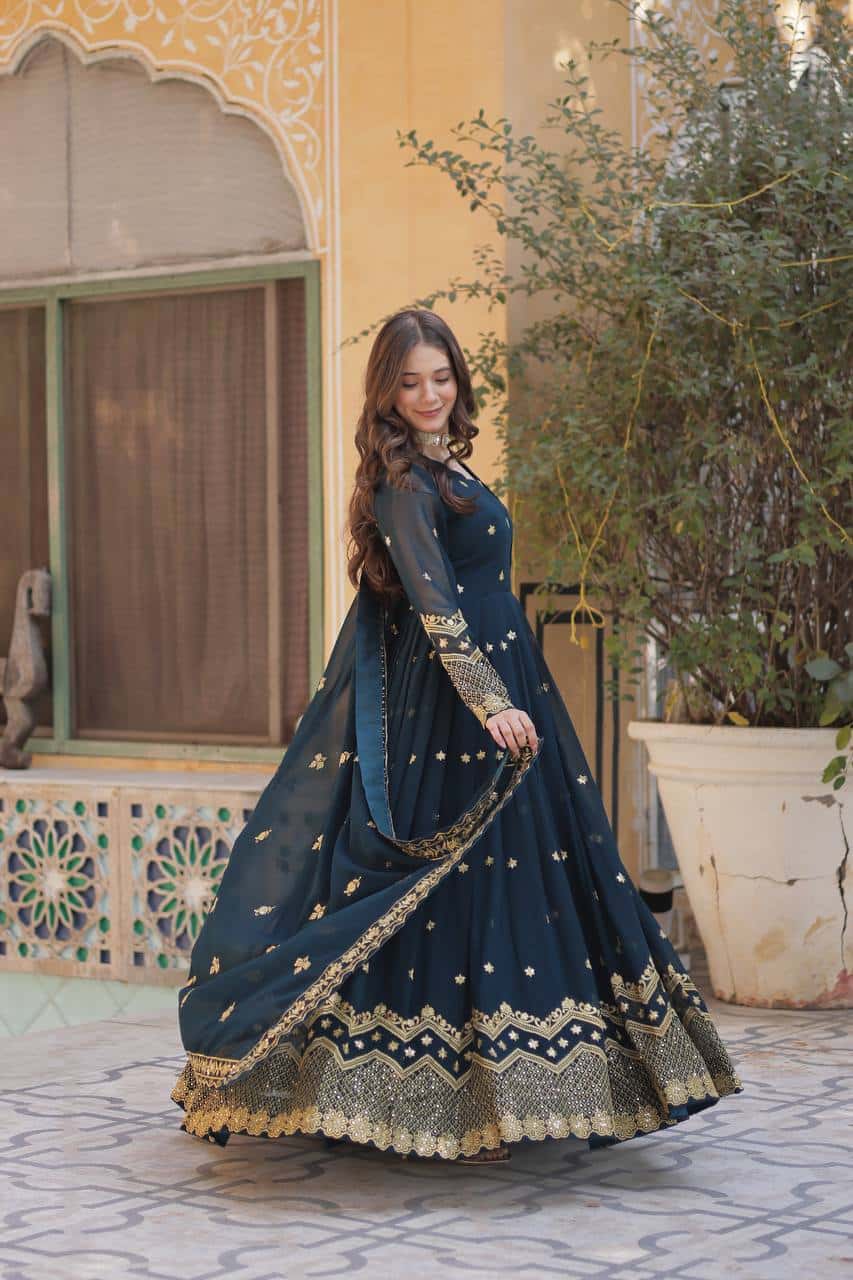 New Designer Party Wear Look Full Heavy Embroidery Sequence Work Gown With Fully Stitched and Dupatta Ready to Wear Collection