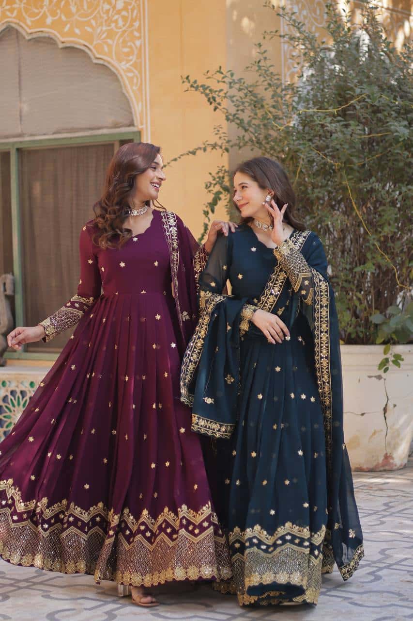 New Designer Party Wear Look Full Heavy Embroidery Sequence Work Gown With Fully Stitched and Dupatta Ready to Wear Collection