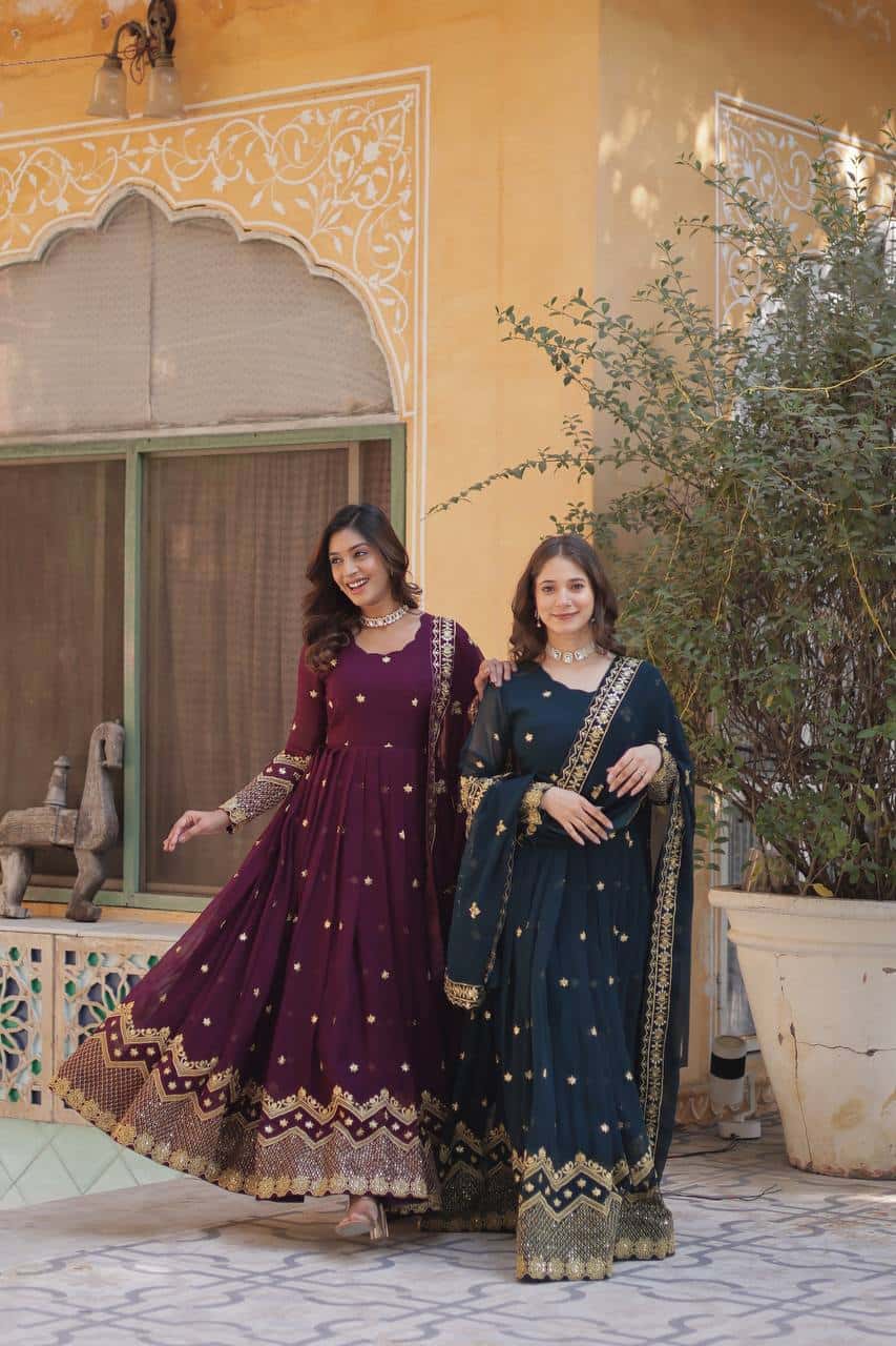 New Designer Party Wear Look Full Heavy Embroidery Sequence Work Gown With Fully Stitched and Dupatta Ready to Wear Collection