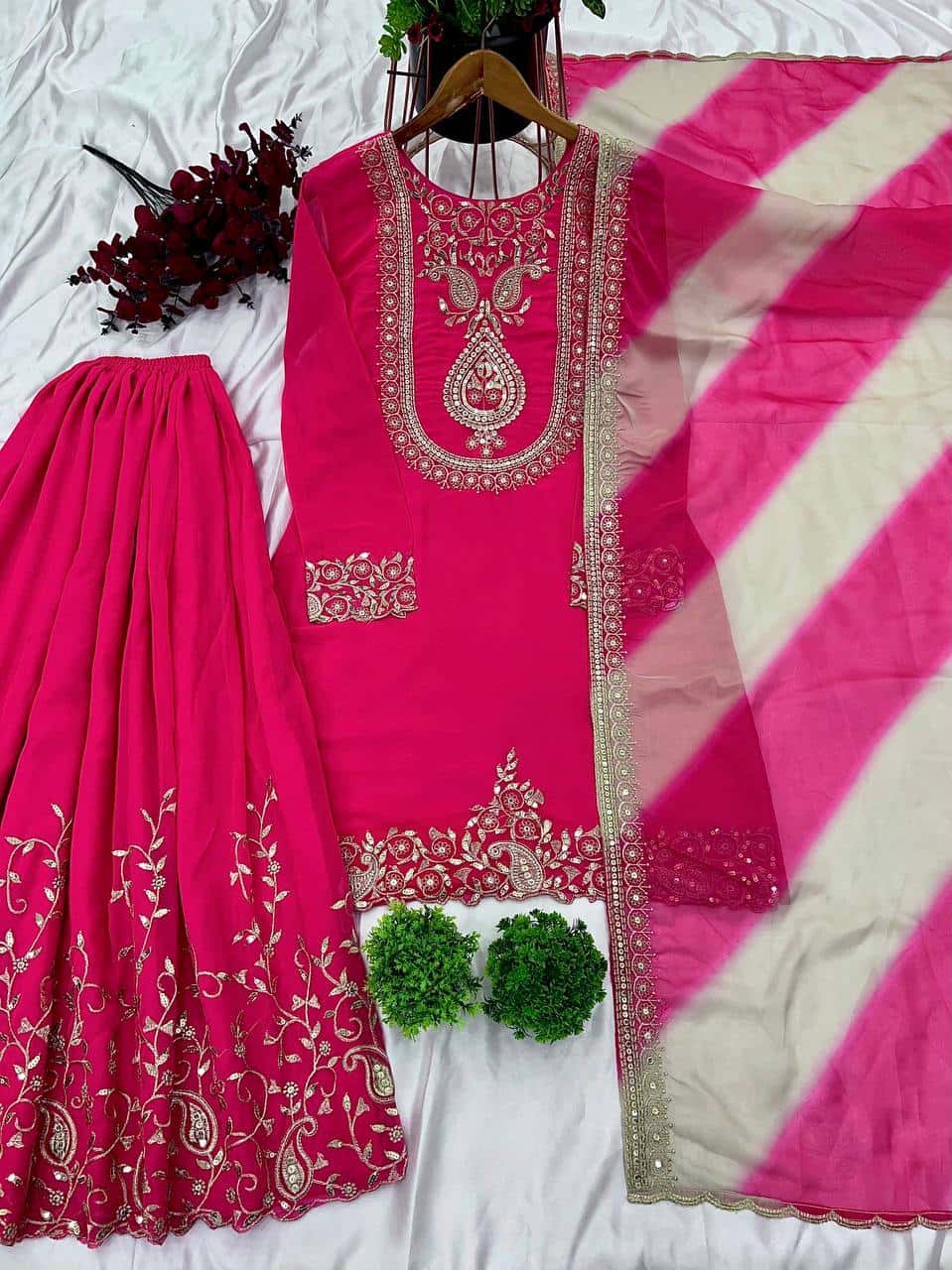 Women's designer faux georgette kurta sets with organza dupatta