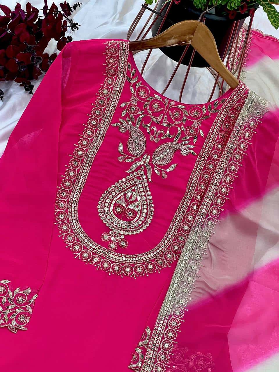 Women's designer faux georgette kurta sets with organza dupatta
