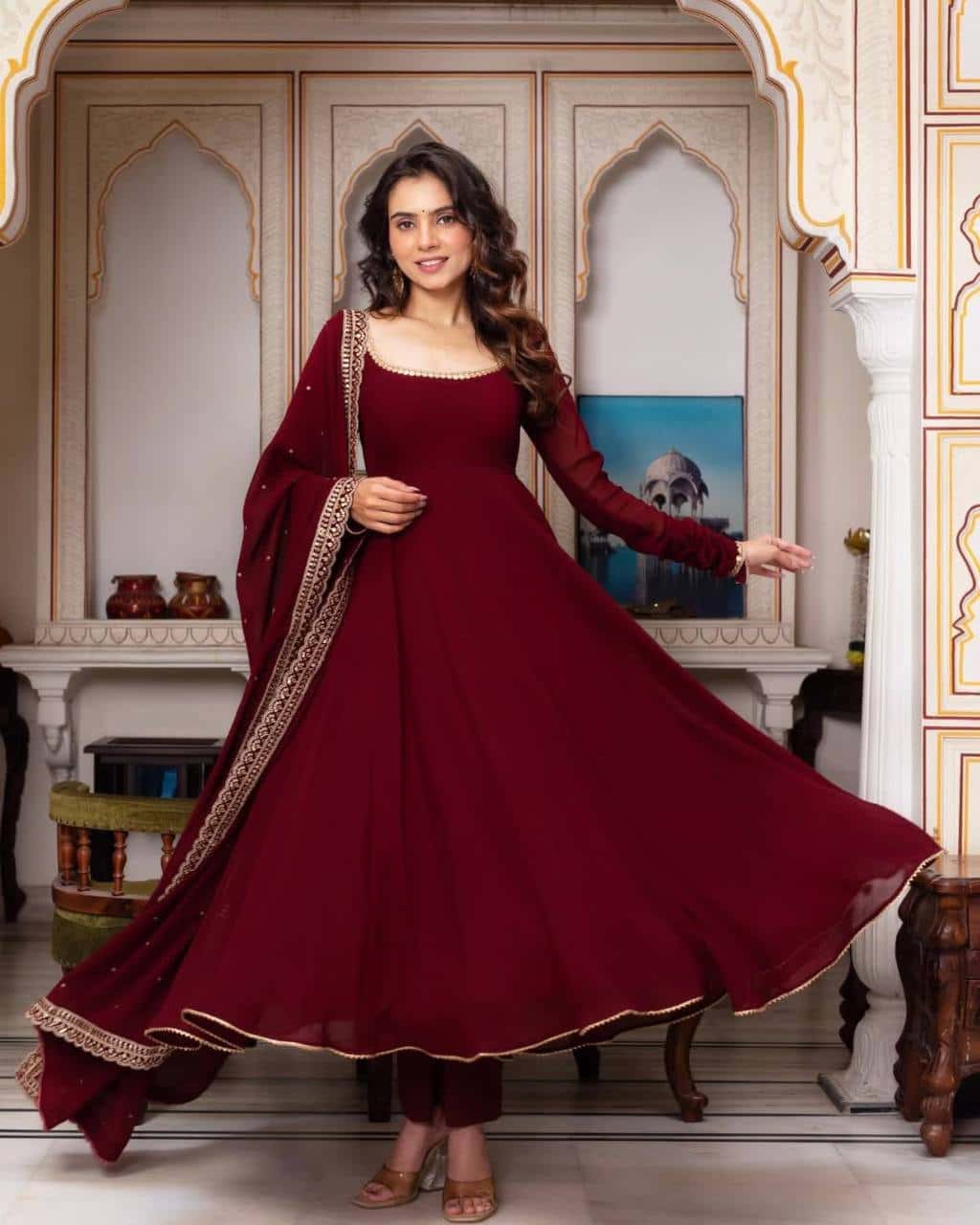 Faux georgette full flared gown pant with dupatta sets