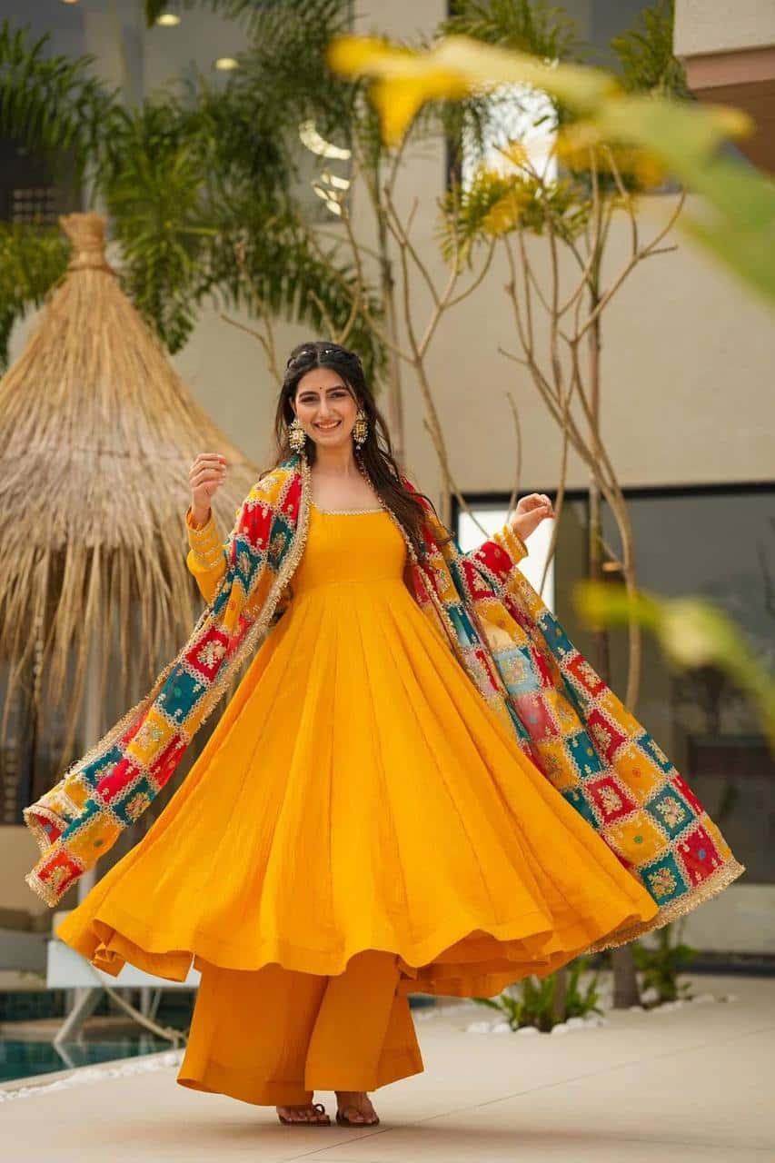 Women's designer chinnon silk gown palazzo with georgette digital print dupatta sets