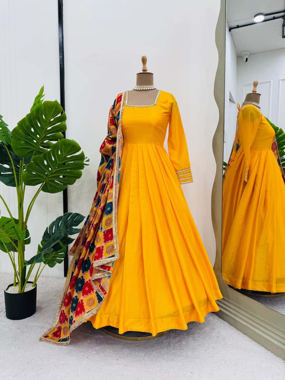 Women's designer chinnon silk gown palazzo with georgette digital print dupatta sets