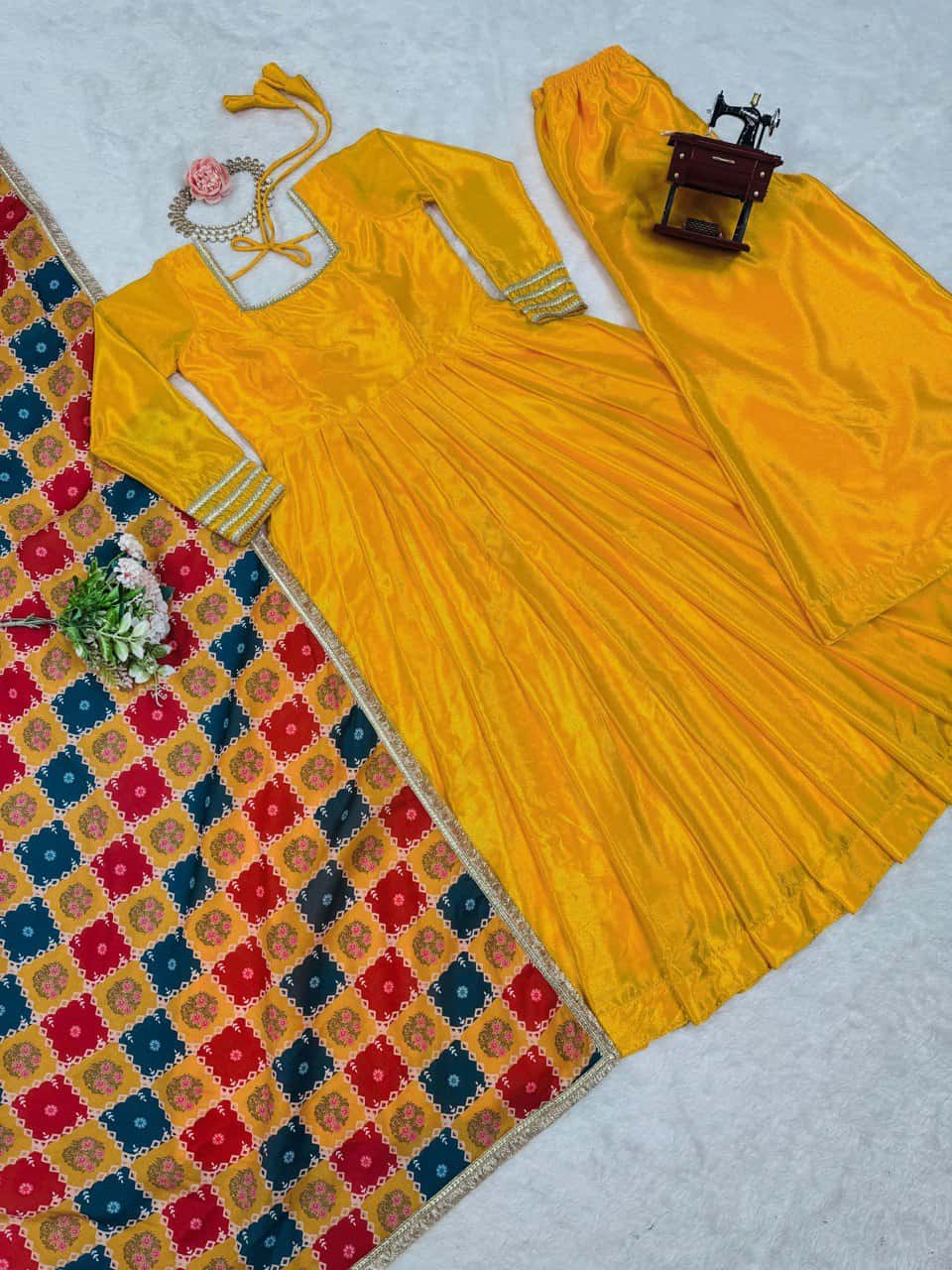 Women's designer chinnon silk gown palazzo with georgette digital print dupatta sets