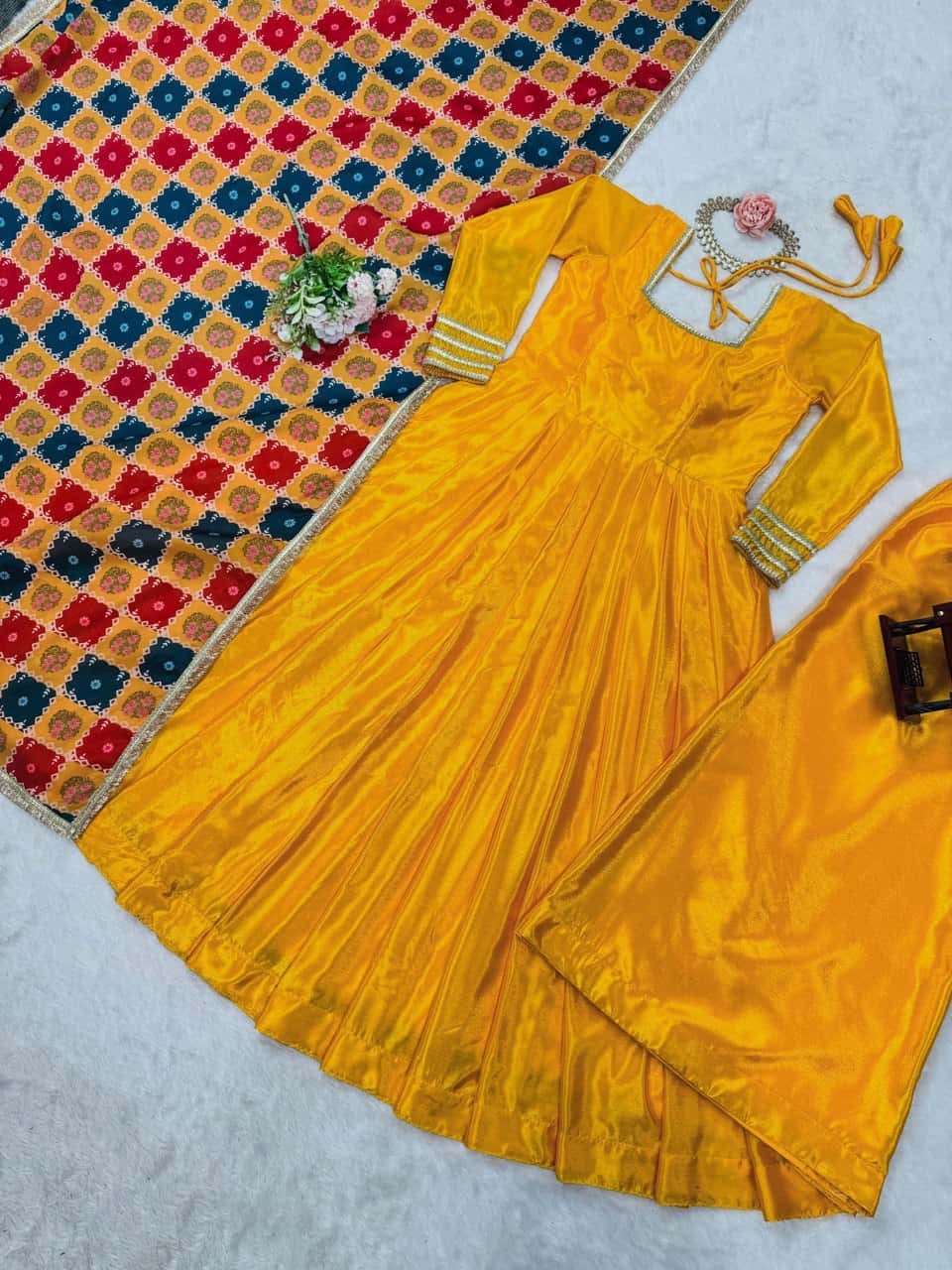 Women's designer chinnon silk gown palazzo with georgette digital print dupatta sets