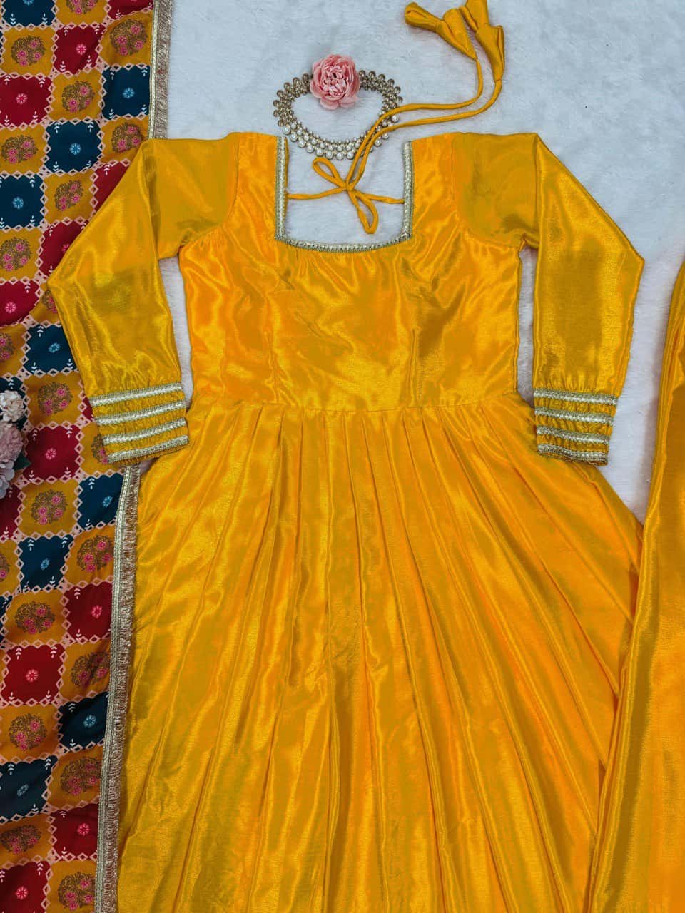 Women's designer chinnon silk gown palazzo with georgette digital print dupatta sets