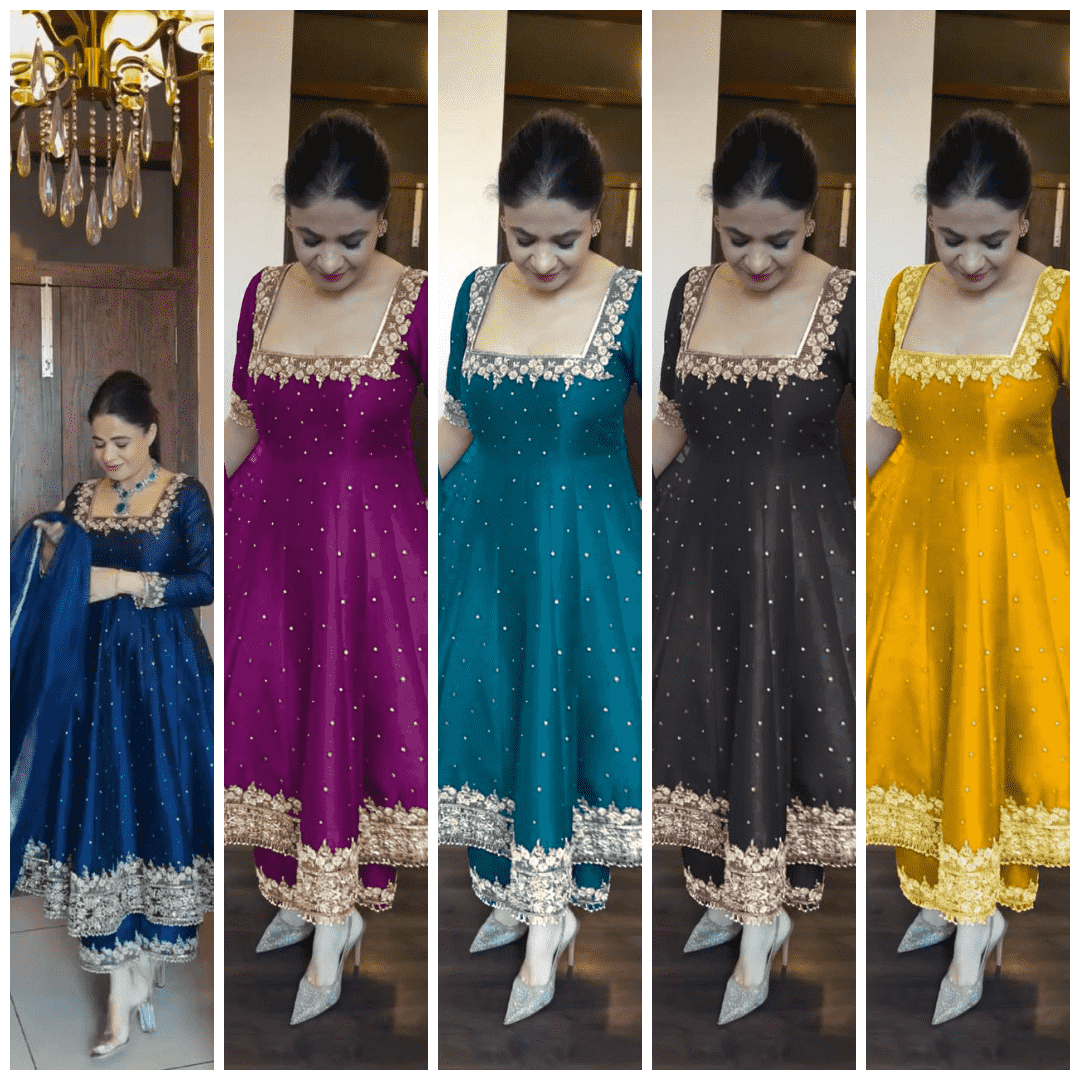 "Luxury Anarkali Gown Set with Vichitra Silk, Embroidered Sequence, Plazzo, and Designer Dupatta"