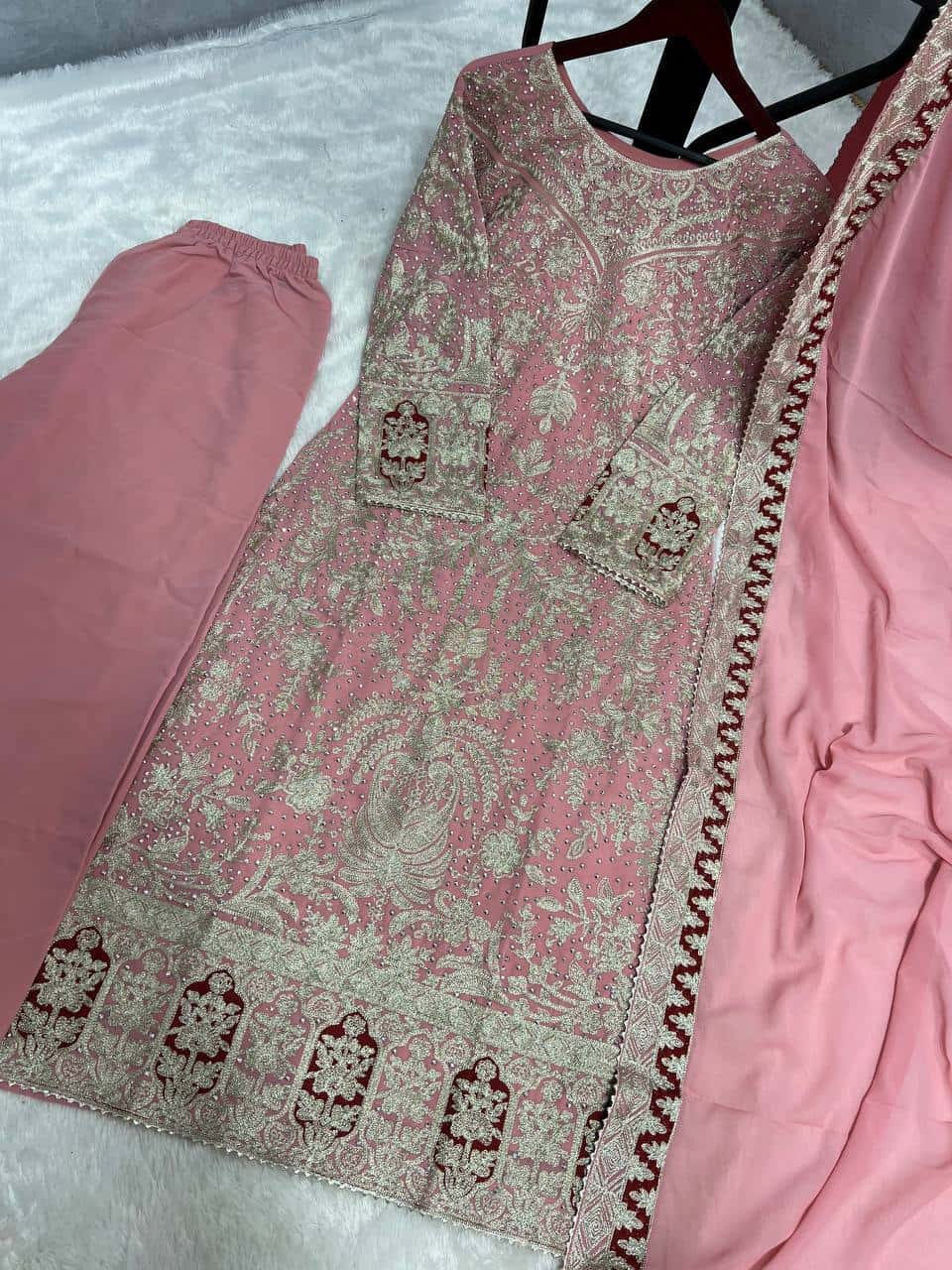 Presenting New Collection In Heavy Georgette Top-Plazzo And Dupatta Set Fully Stitched Ready To Wear