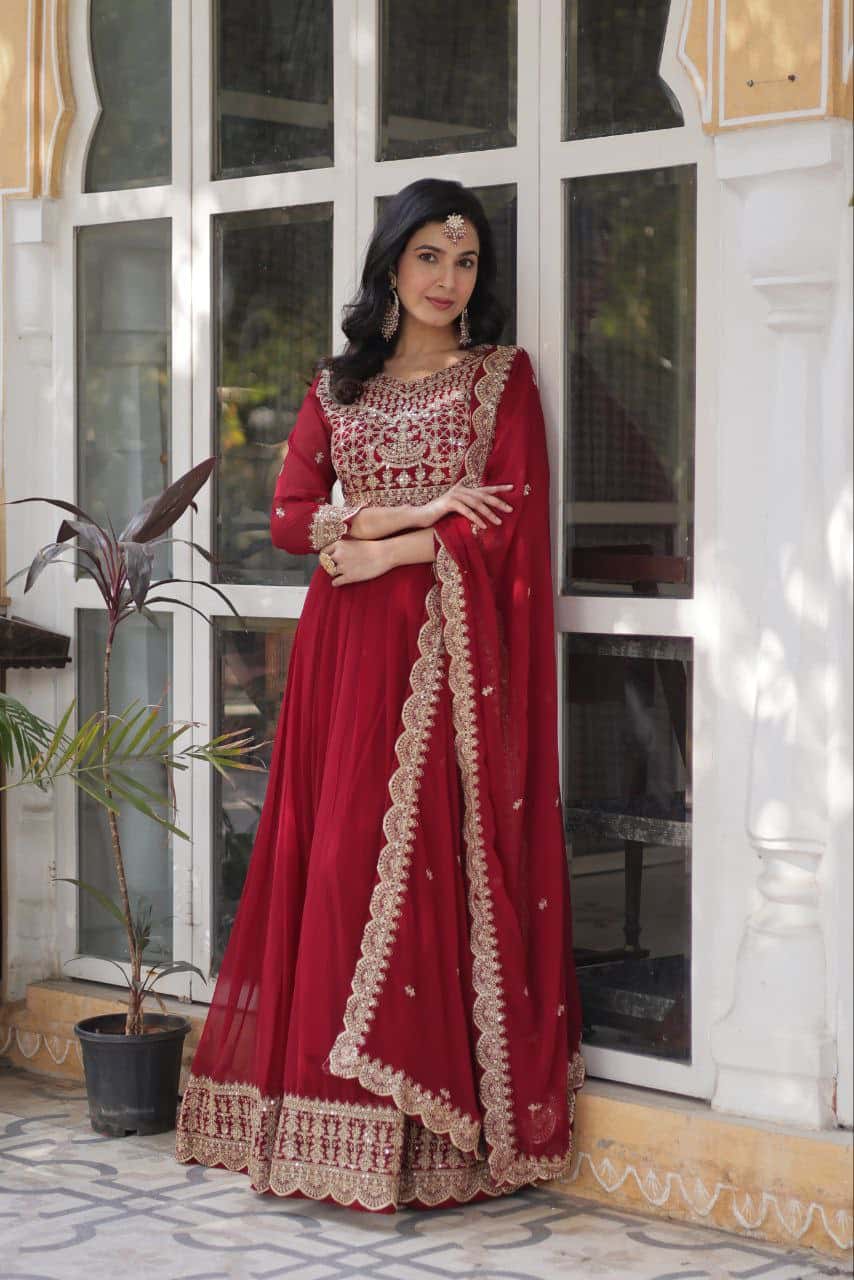 Exquisite Embroidered Zari Sequins Gown Set with Matching Dupatta