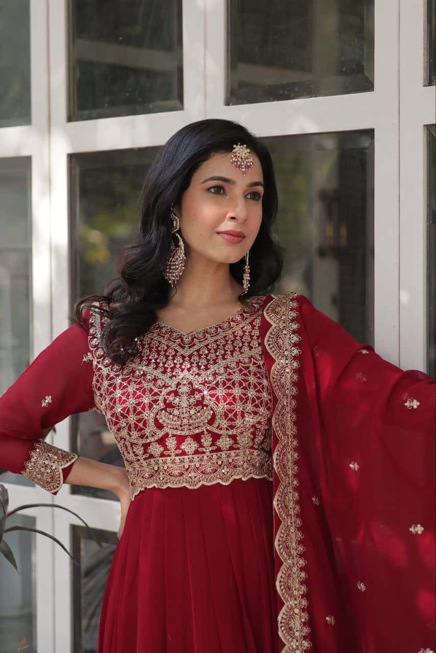 Exquisite Embroidered Zari Sequins Gown Set with Matching Dupatta