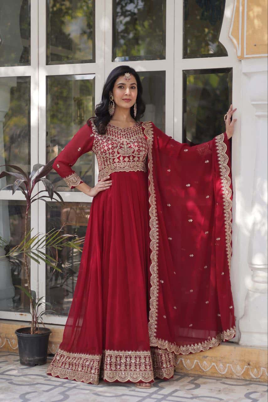 Exquisite Embroidered Zari Sequins Gown Set with Matching Dupatta