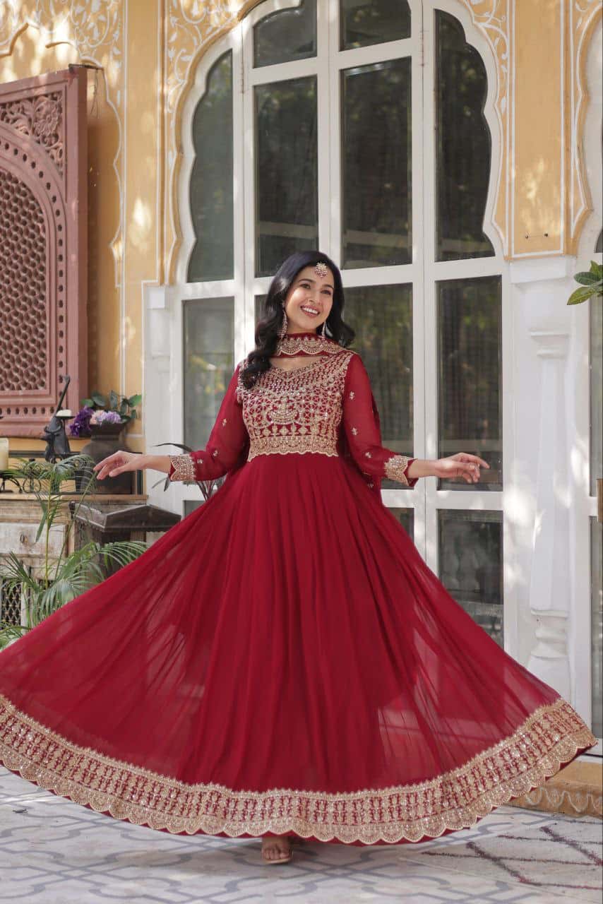 Exquisite Embroidered Zari Sequins Gown Set with Matching Dupatta