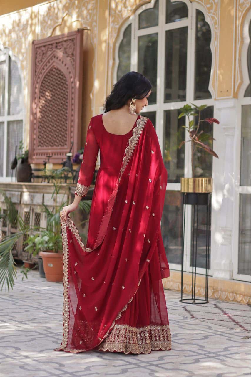 Exquisite Embroidered Zari Sequins Gown Set with Matching Dupatta