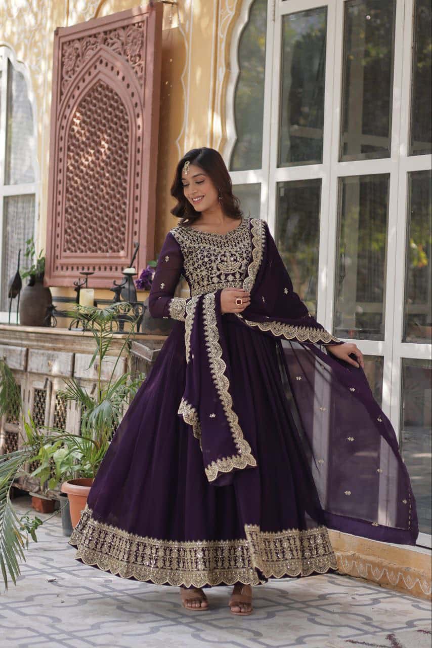 Exquisite Embroidered Zari Sequins Gown Set with Matching Dupatta