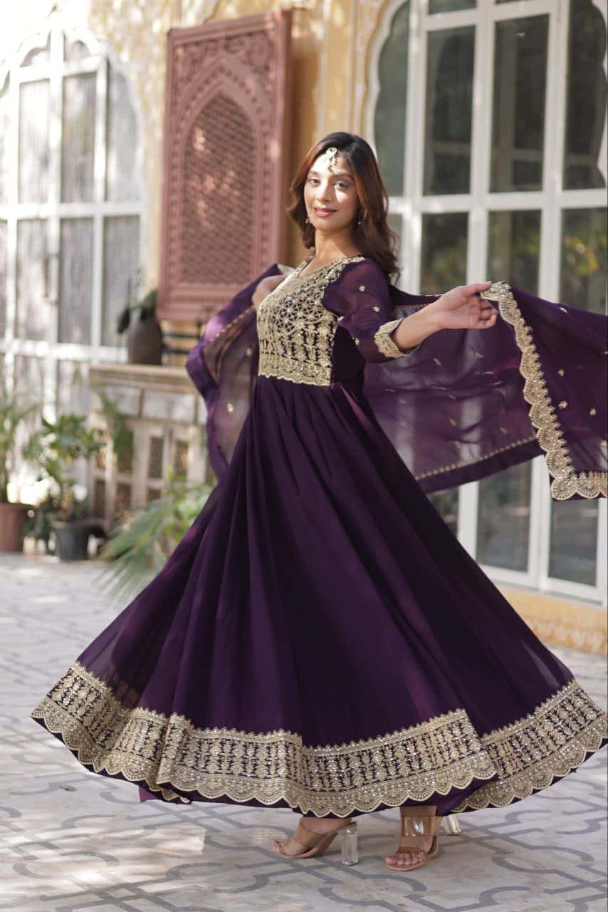 Exquisite Embroidered Zari Sequins Gown Set with Matching Dupatta