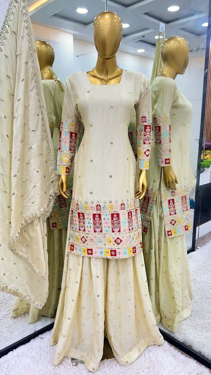 Presenting New  Heavy Embroidery Sequence Work Top-Gharara And Dupatta Set Fully Stitched Ready To Wear Collection