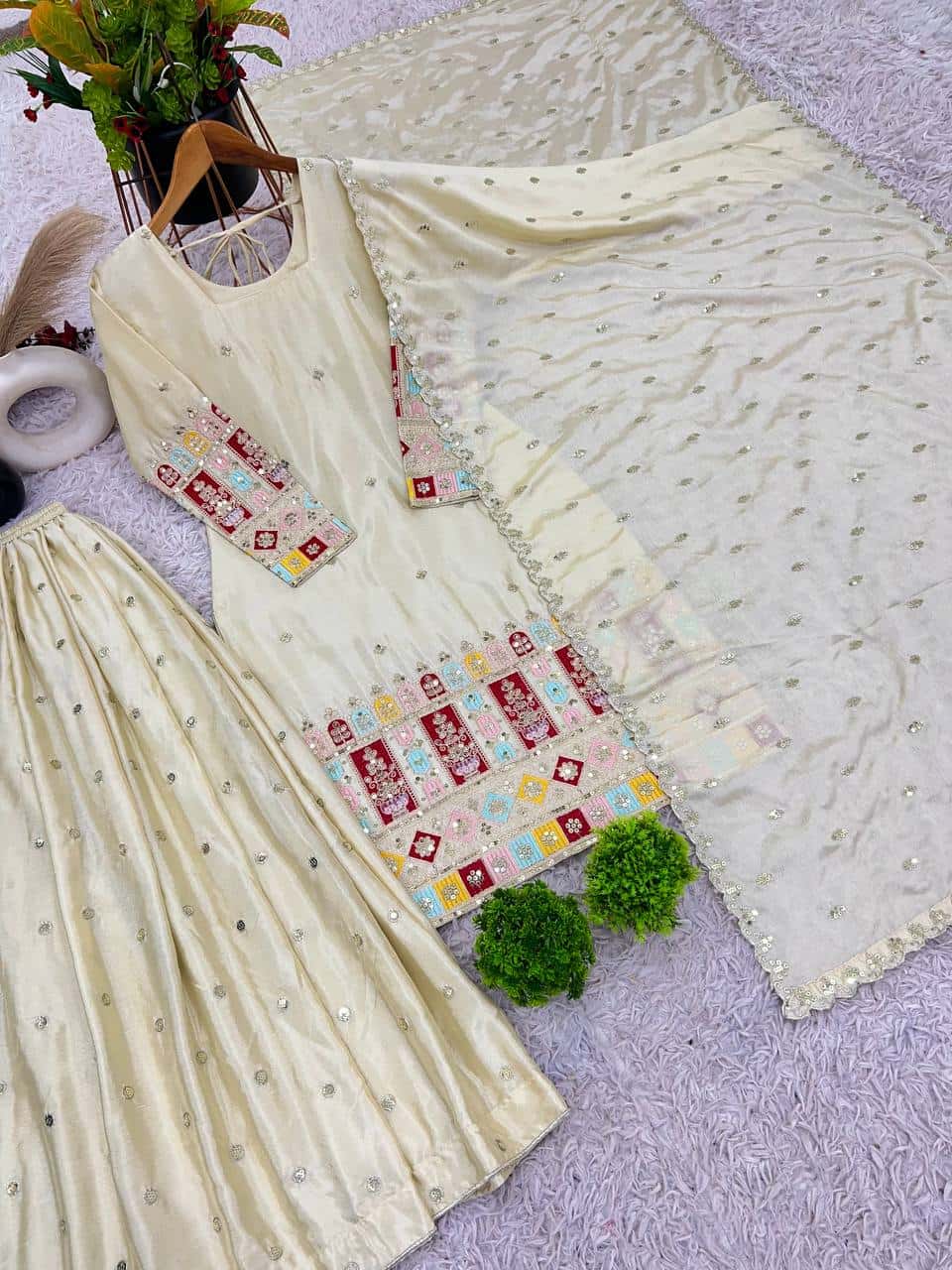 Presenting New  Heavy Embroidery Sequence Work Top-Gharara And Dupatta Set Fully Stitched Ready To Wear Collection