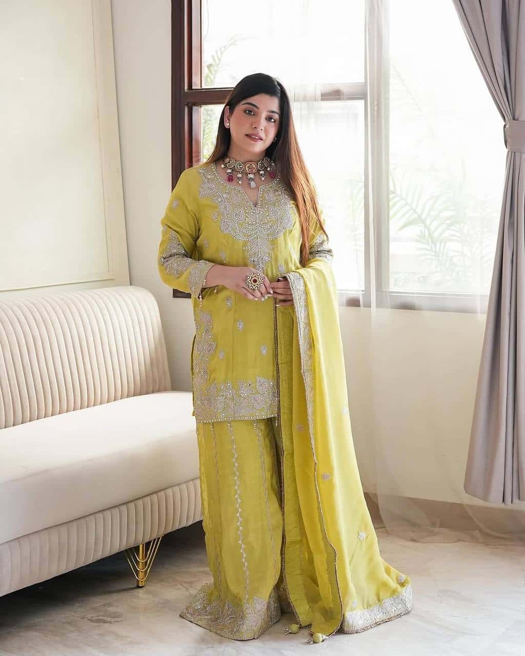 New  Heavy Embroidery Sequence Work Top-Gharara And Dupatta Set Fully Stitched Ready To Wear Collection