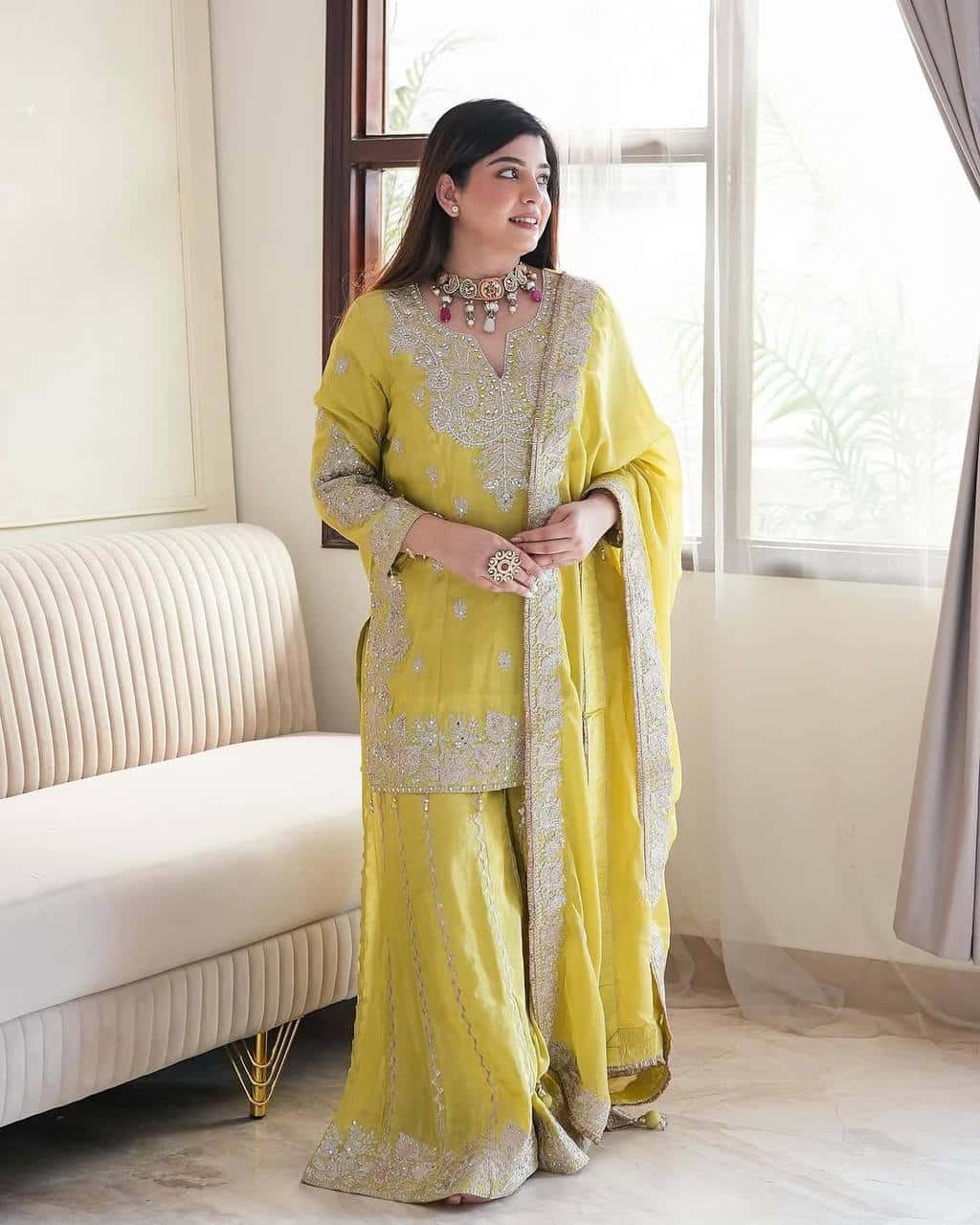 New  Heavy Embroidery Sequence Work Top-Gharara And Dupatta Set Fully Stitched Ready To Wear Collection