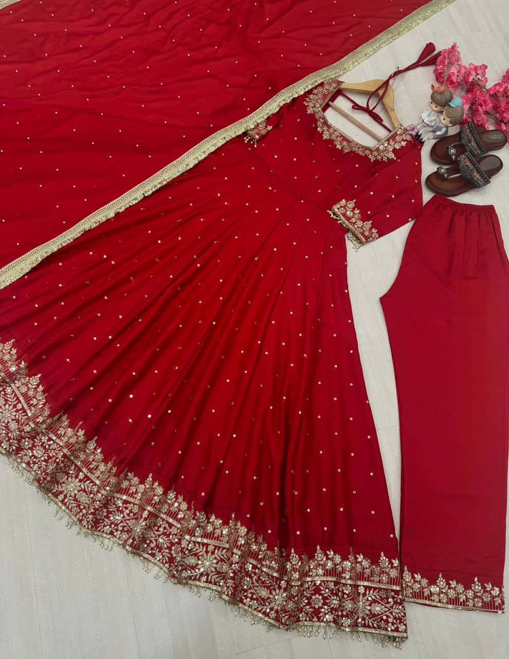 "Luxury Anarkali Gown Set with Vichitra Silk, Embroidered Sequence, Plazzo, and Designer Dupatta"