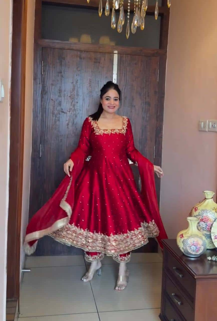 "Luxury Anarkali Gown Set with Vichitra Silk, Embroidered Sequence, Plazzo, and Designer Dupatta"