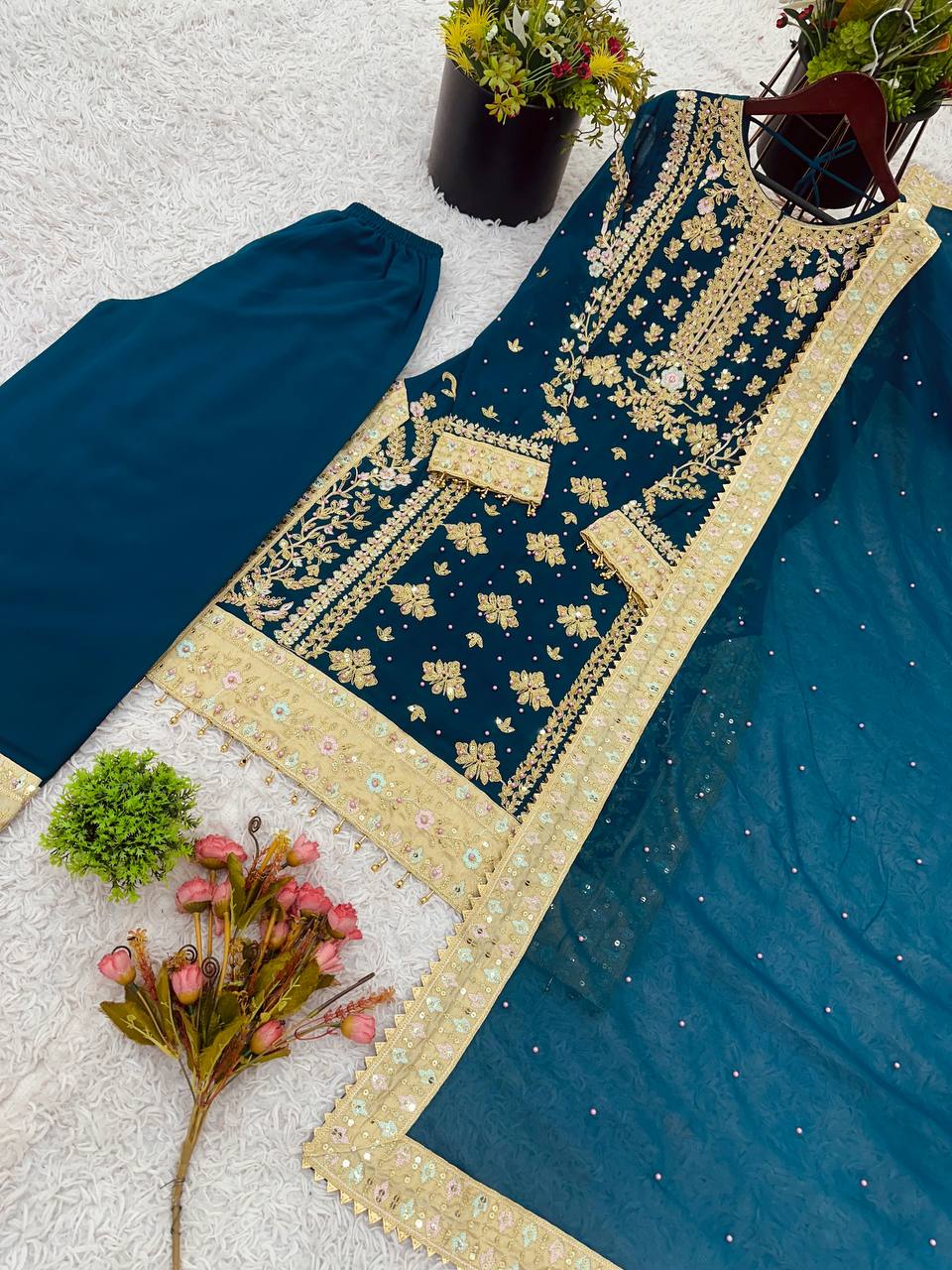 Wedding wear Heavy Georgette Embroidered Top  Bottom Set with Dupatta