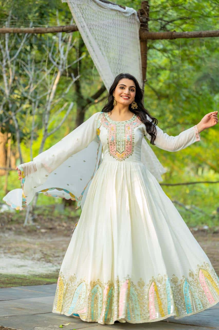 "Elegance in Every Thread: Heavy Chinon Silk Top with Multicolor Embroidery & Sequence Work"