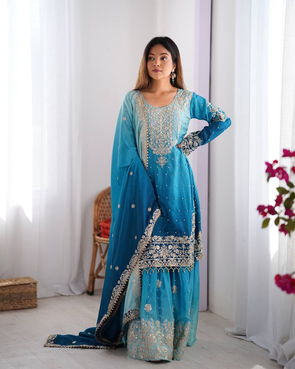 Codeing Dori with Sequnce with Rivet Moti Kurta Sharara Set