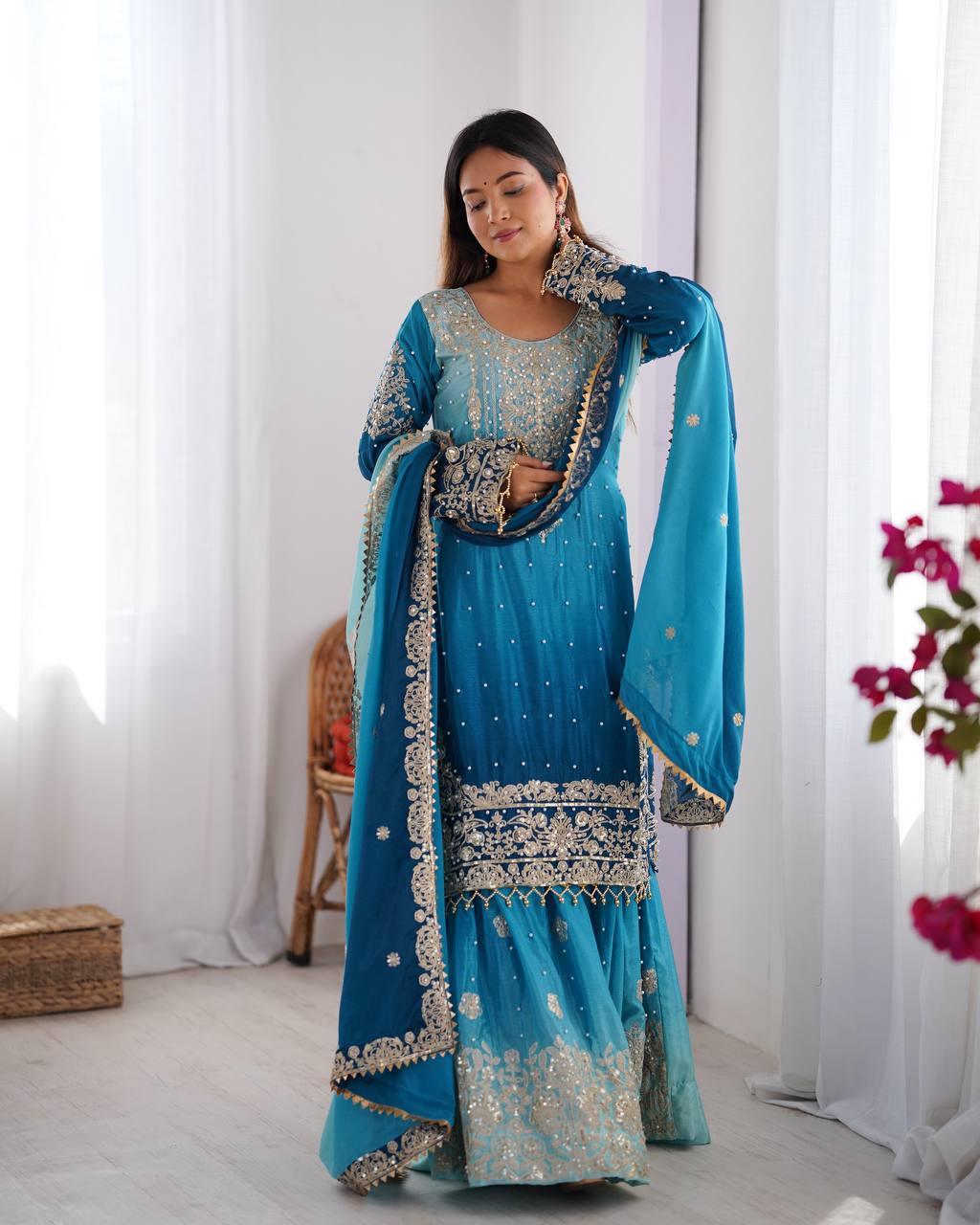 Codeing Dori with Sequnce with Rivet Moti Kurta Sharara Set