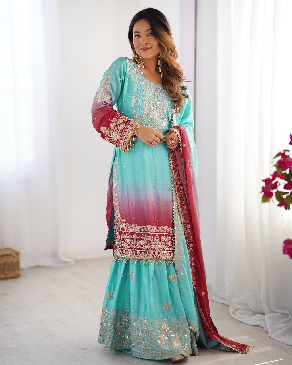 Codeing Dori with Sequnce with Rivet Moti Kurta Sharara Set