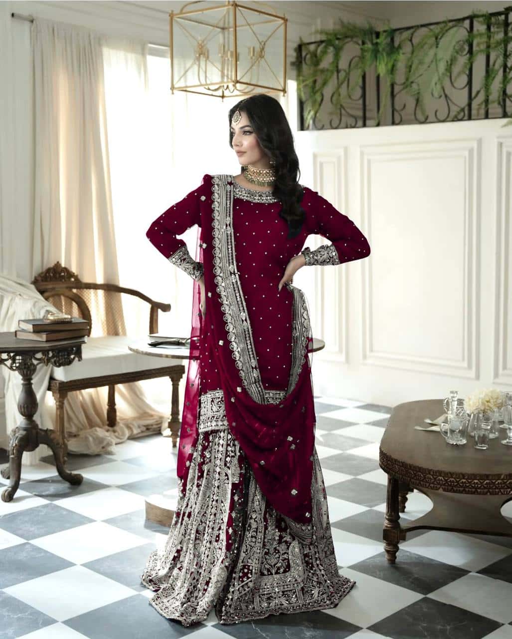 Heavy Faux Georgette Embroidered Top and  Gharara with Dupatta Set