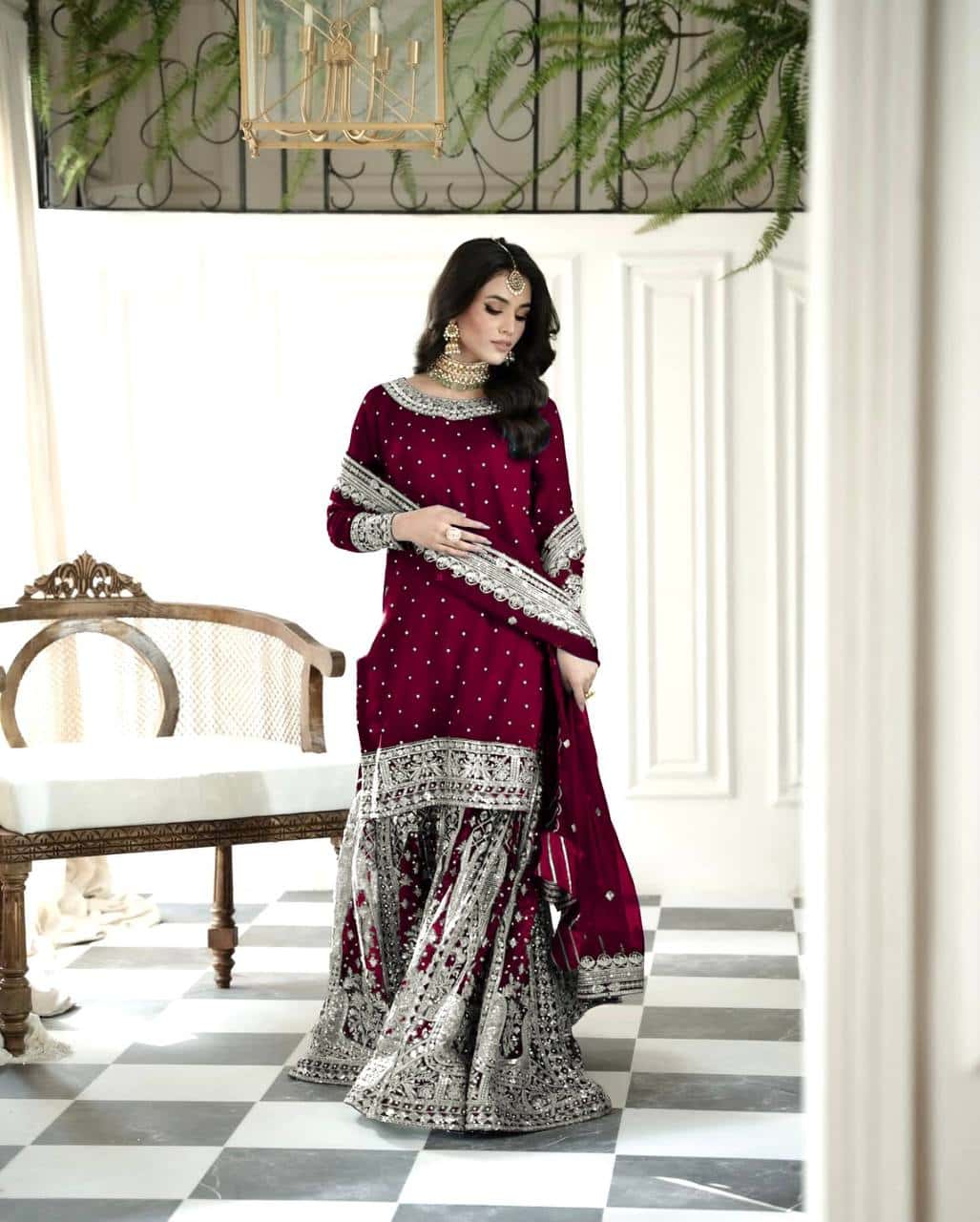 Heavy Faux Georgette Embroidered Top and  Gharara with Dupatta Set