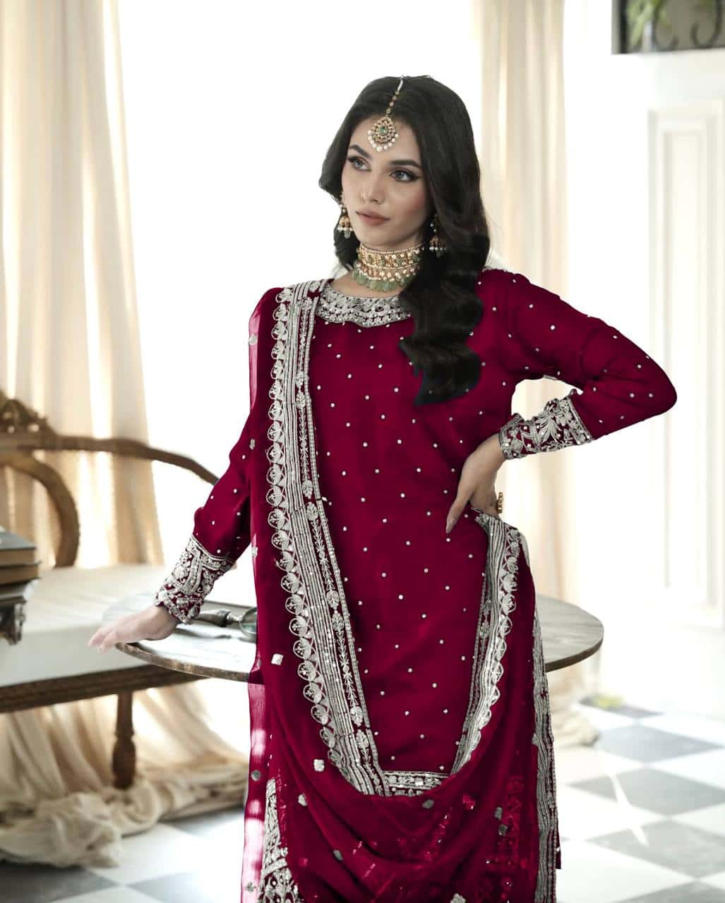 Heavy Faux Georgette Embroidered Top and  Gharara with Dupatta Set