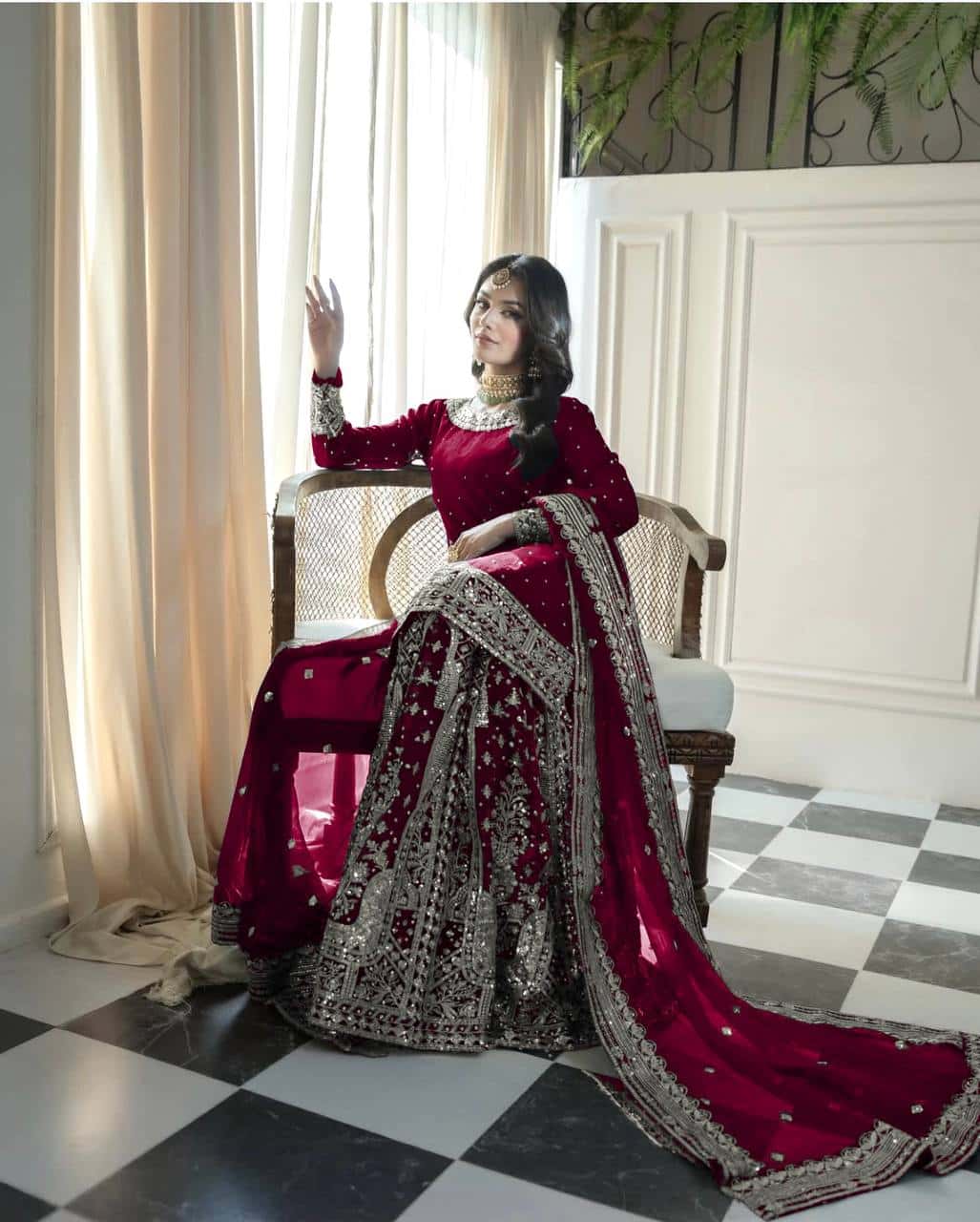 Heavy Faux Georgette Embroidered Top and  Gharara with Dupatta Set