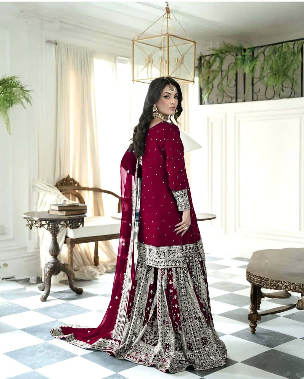 Heavy Faux Georgette Embroidered Top and  Gharara with Dupatta Set