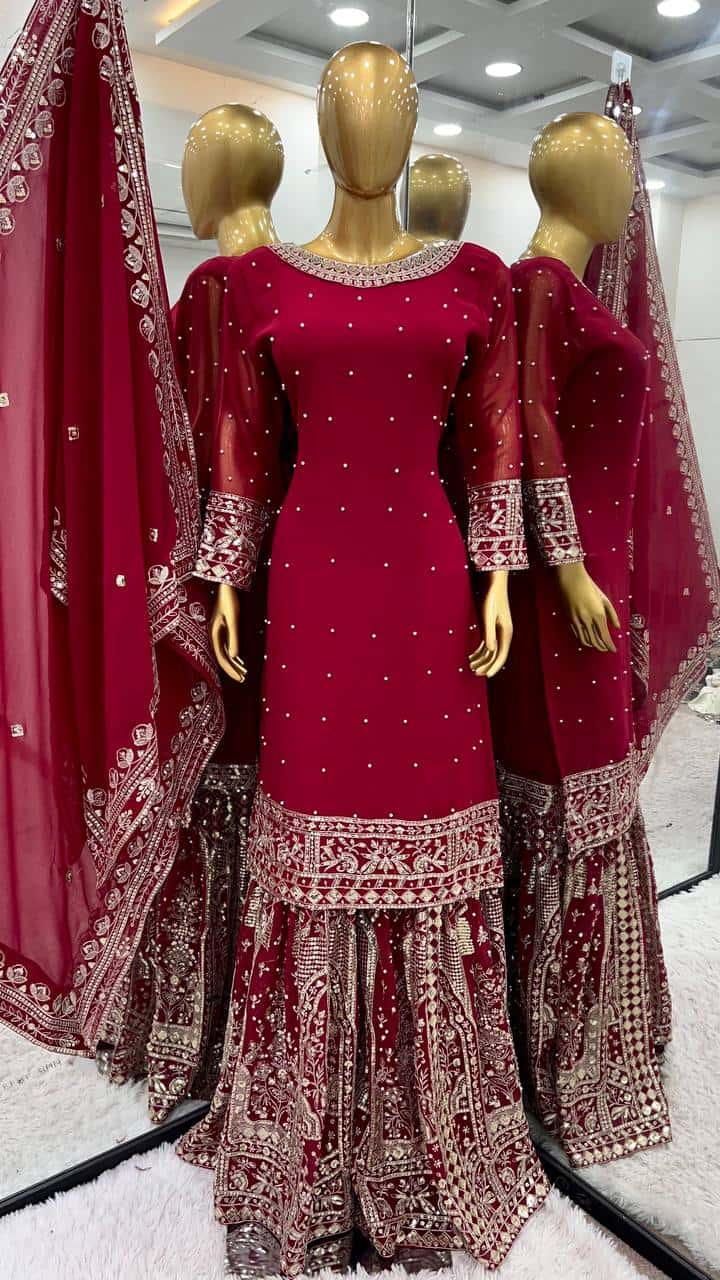 Heavy Faux Georgette Embroidered Top and  Gharara with Dupatta Set