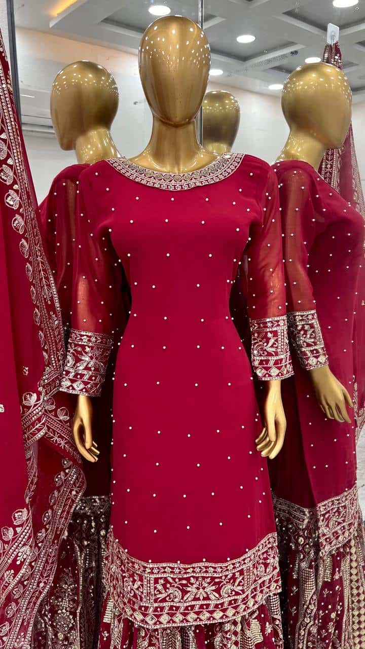 Heavy Faux Georgette Embroidered Top and  Gharara with Dupatta Set