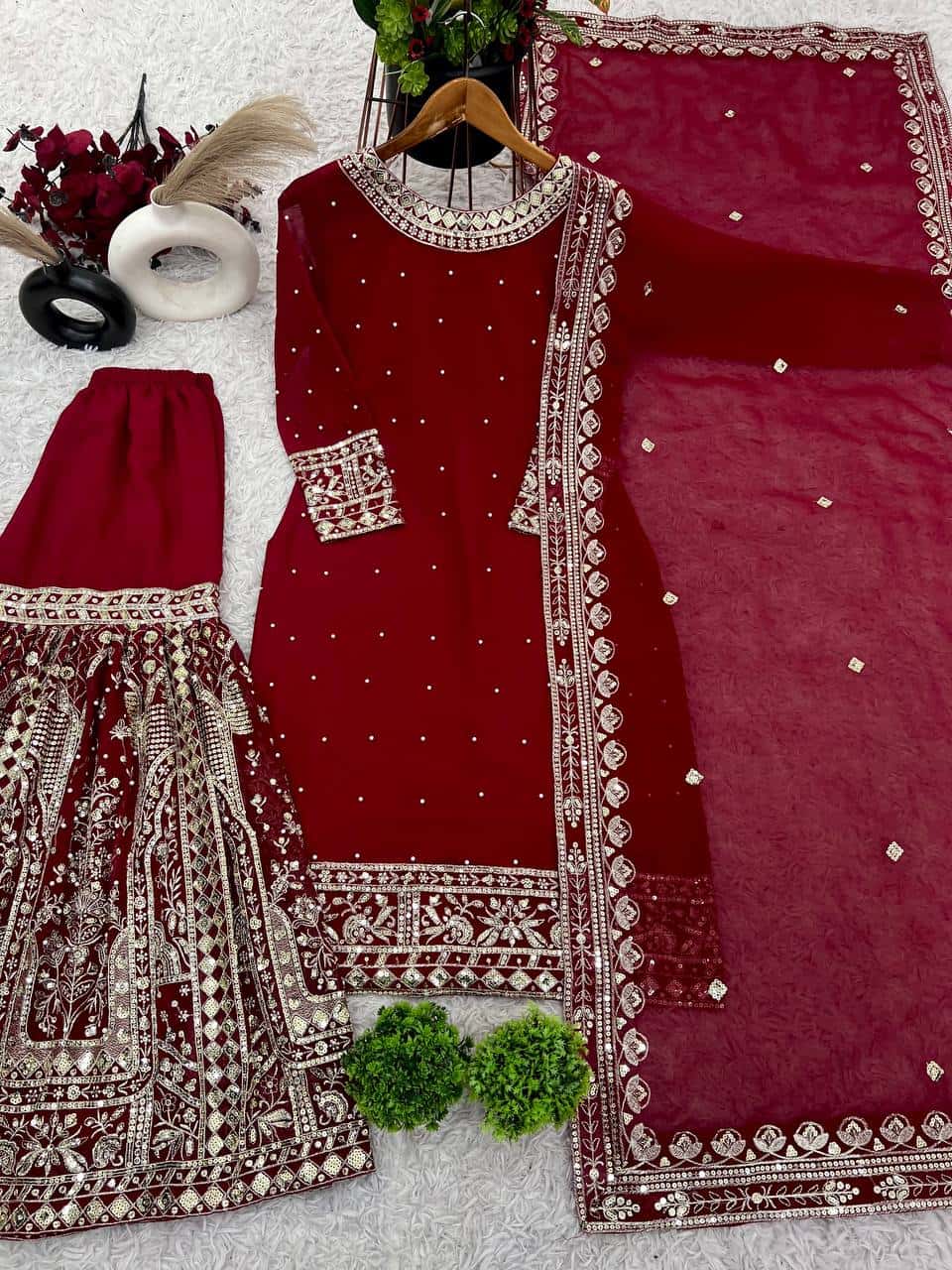 Heavy Faux Georgette Embroidered Top and  Gharara with Dupatta Set