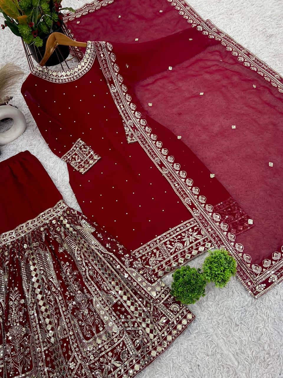 Heavy Faux Georgette Embroidered Top and  Gharara with Dupatta Set