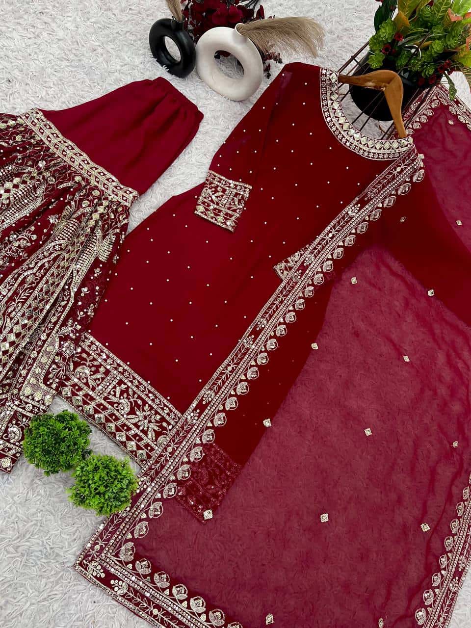Heavy Faux Georgette Embroidered Top and  Gharara with Dupatta Set