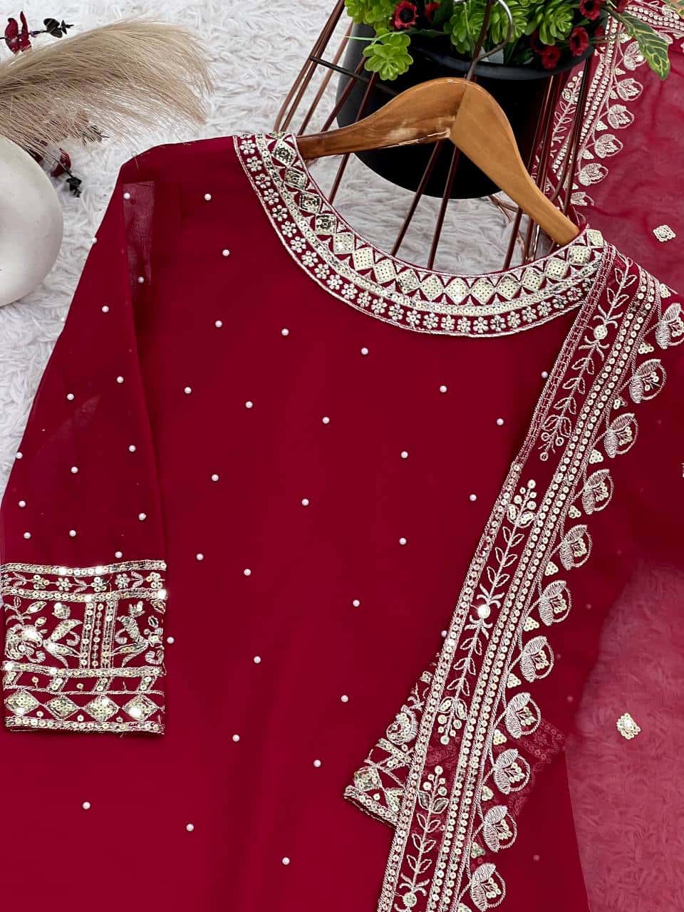 Heavy Faux Georgette Embroidered Top and  Gharara with Dupatta Set