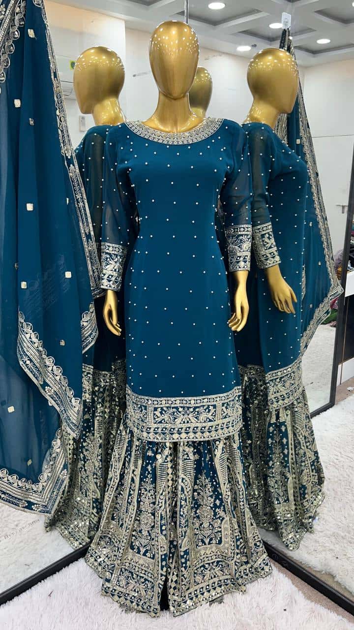 Heavy Faux Georgette Embroidered Top and  Gharara with Dupatta Set