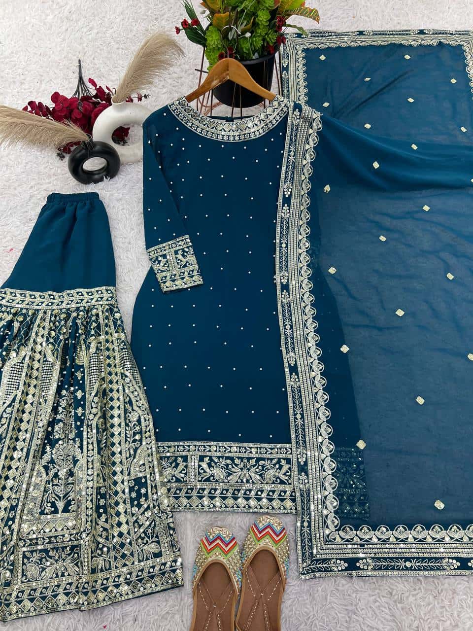Heavy Faux Georgette Embroidered Top and  Gharara with Dupatta Set