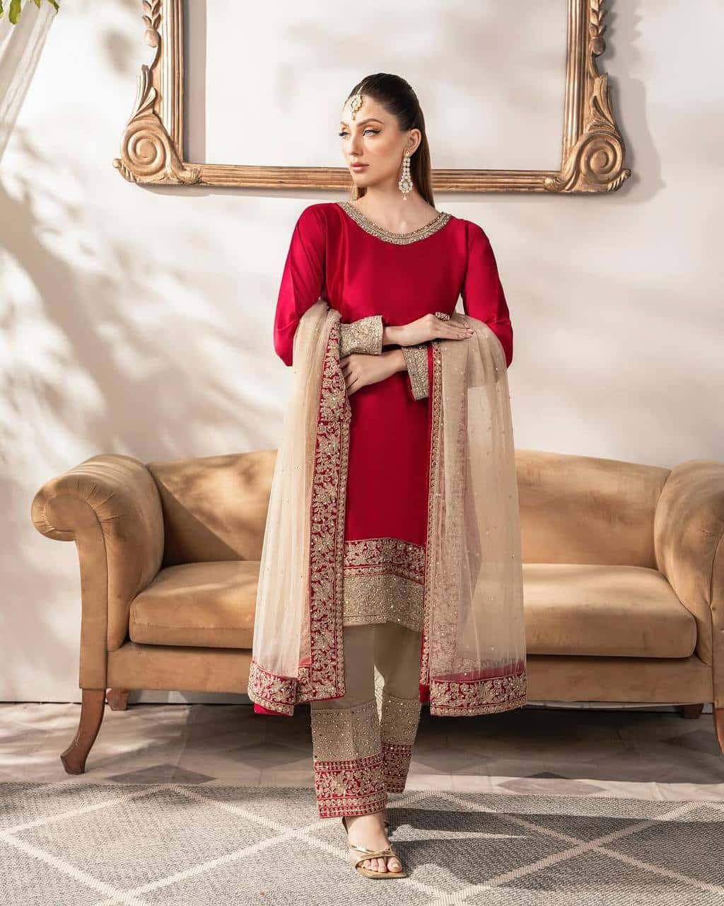 "Heavy Embroidered Malay Satin Silk Top with Faux Georgette Pants & Butterfly Net Dupatta"