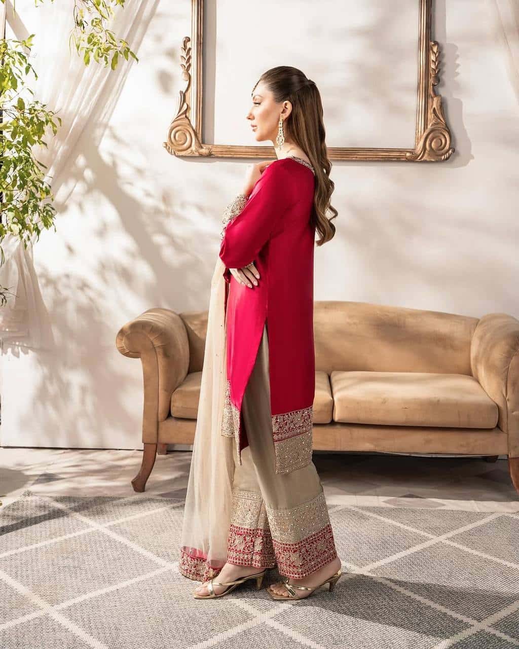 "Heavy Embroidered Malay Satin Silk Top with Faux Georgette Pants & Butterfly Net Dupatta"