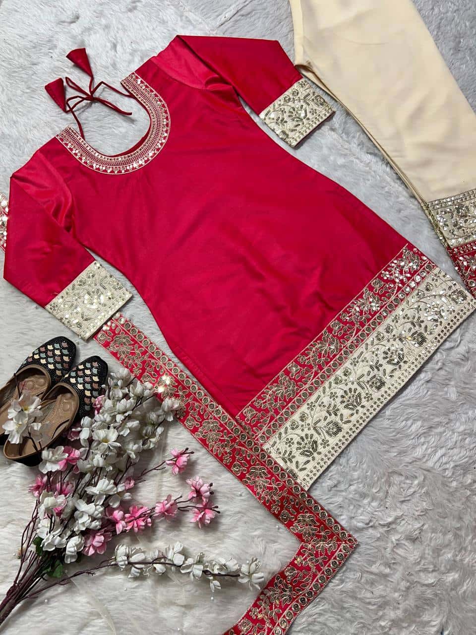 "Heavy Embroidered Malay Satin Silk Top with Faux Georgette Pants & Butterfly Net Dupatta"