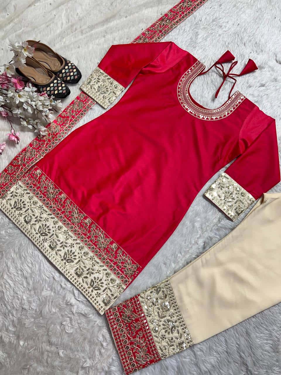 "Heavy Embroidered Malay Satin Silk Top with Faux Georgette Pants & Butterfly Net Dupatta"